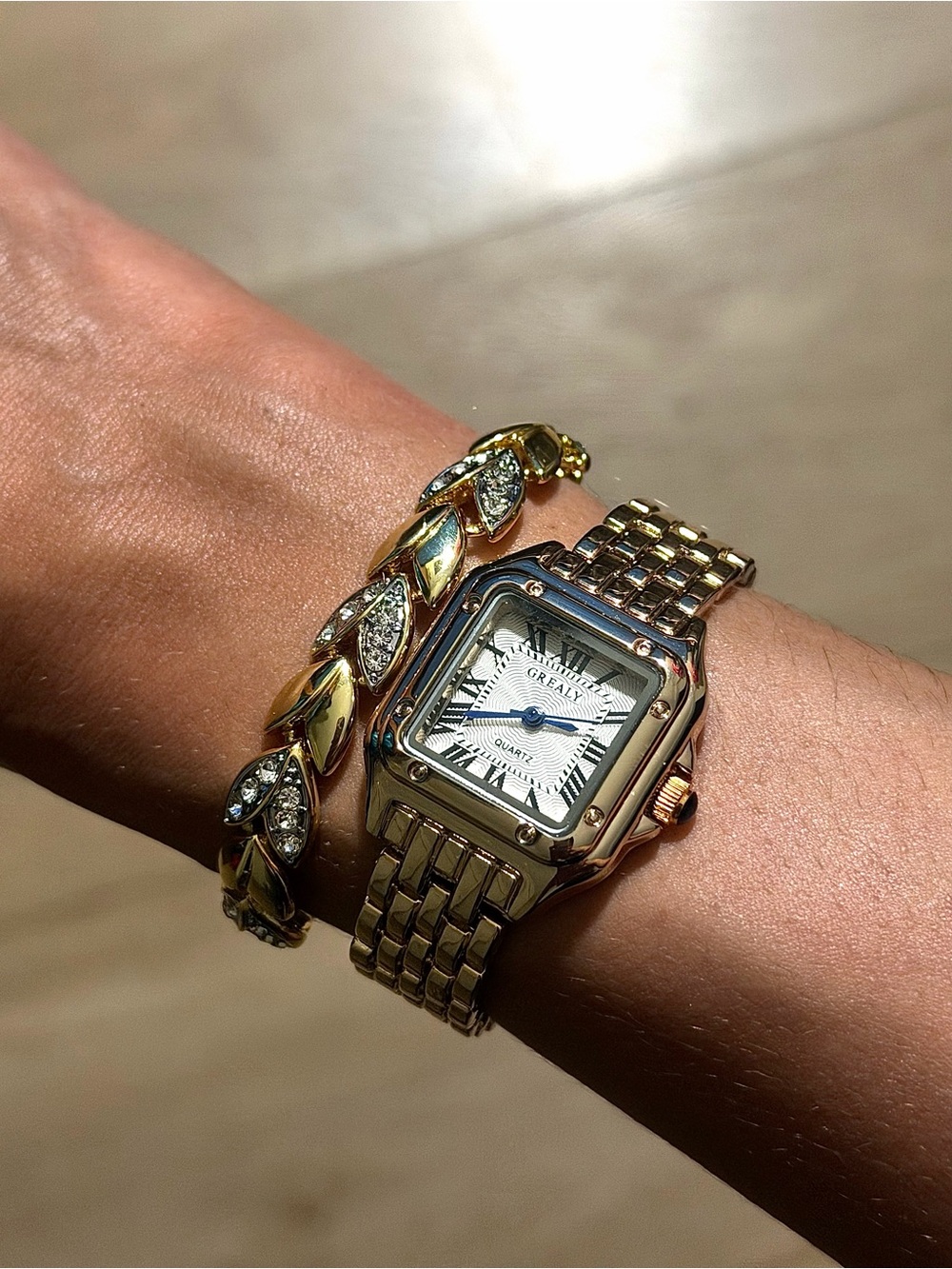 Gold Women's Square Dress Watch with Linked Bracelet